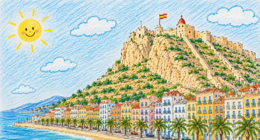 Vista aérea del puerto y la costa de Alicante al atardecer